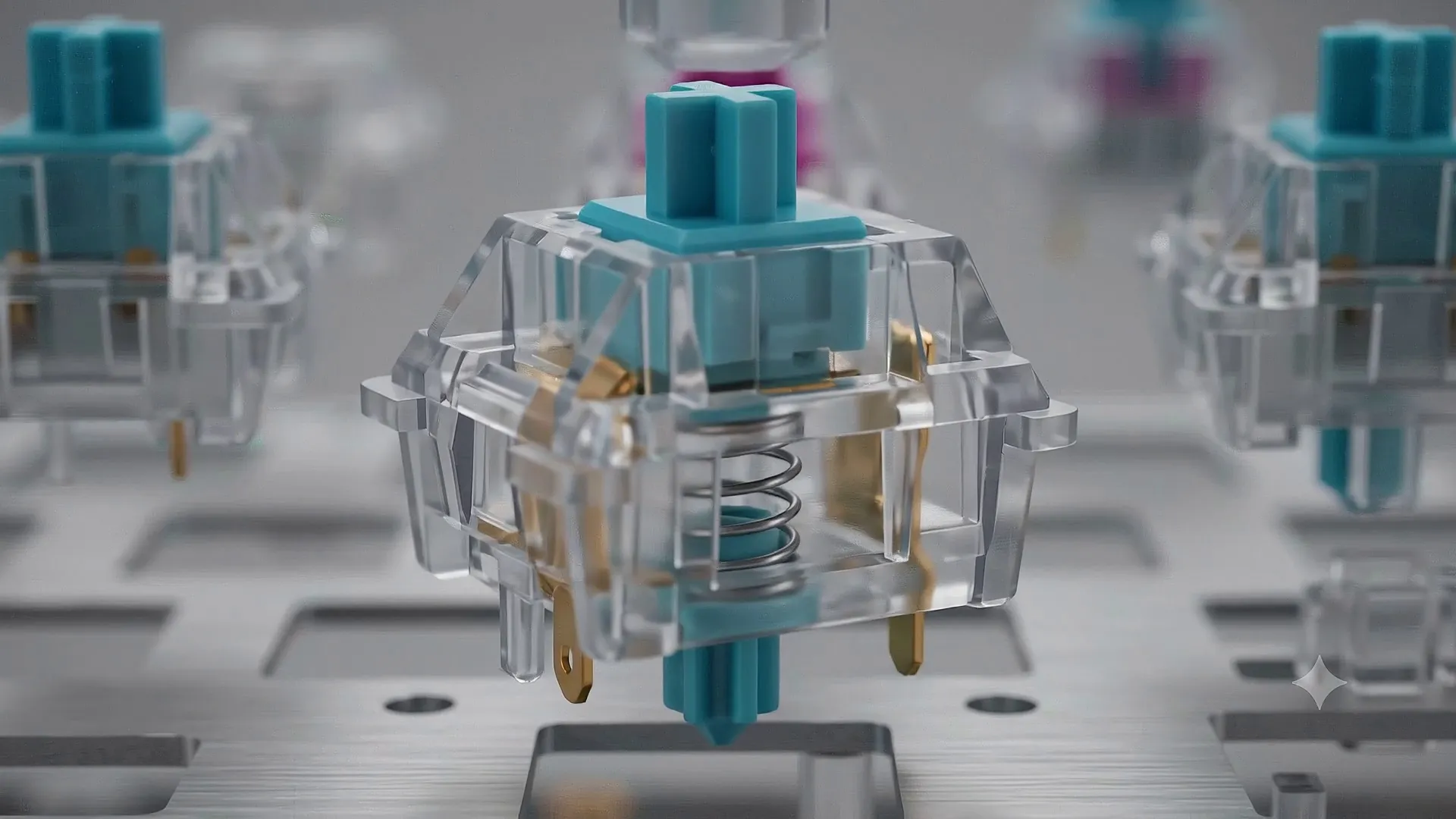 Close-up of the transparent teal keyboard switch used in Series 01